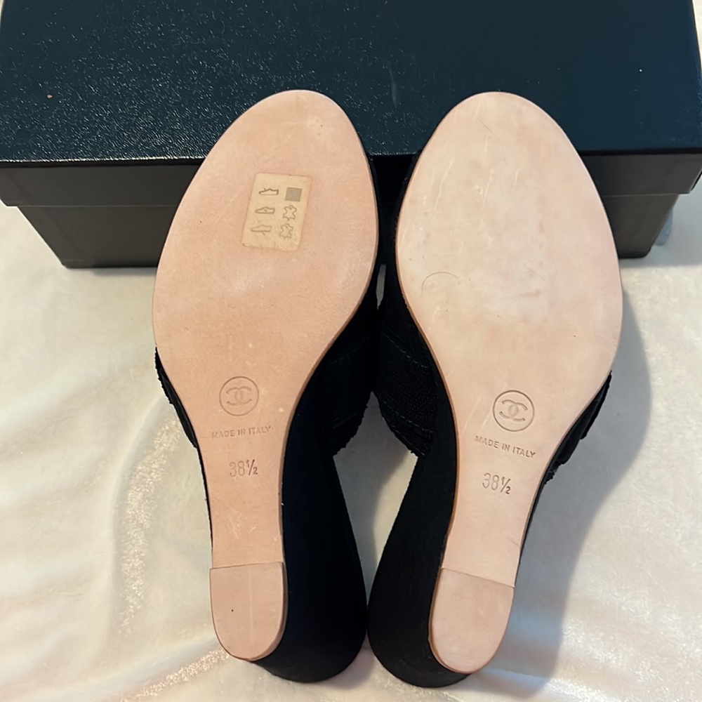 CHANEL Black Wedge Mules with Gold CC Accent - Picture 8 of 9
